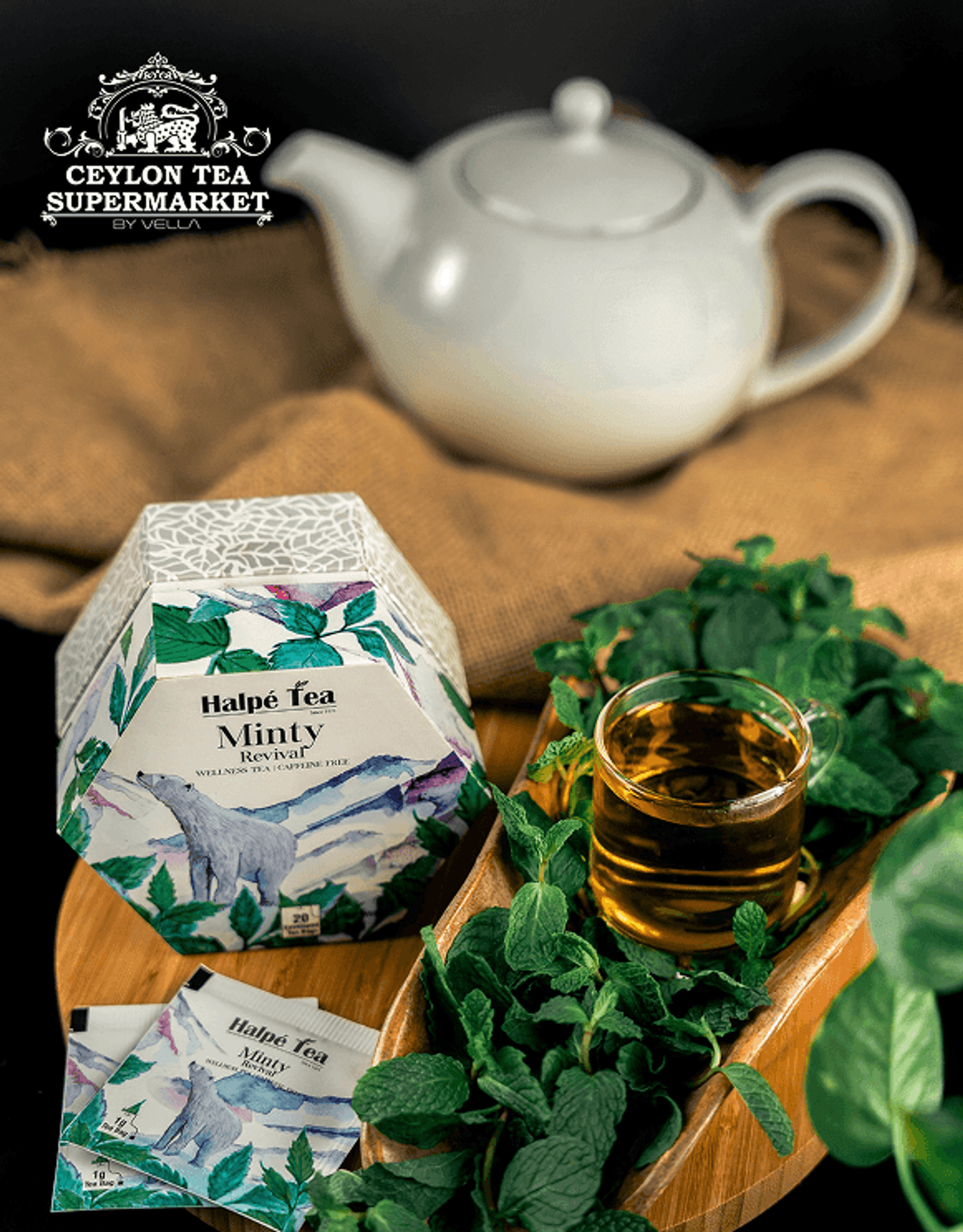Halpe mint tea box with white teapot